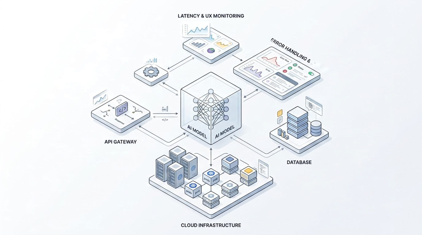 AI application development architecture showing AI model, infrastructure, API, UX, and error handling