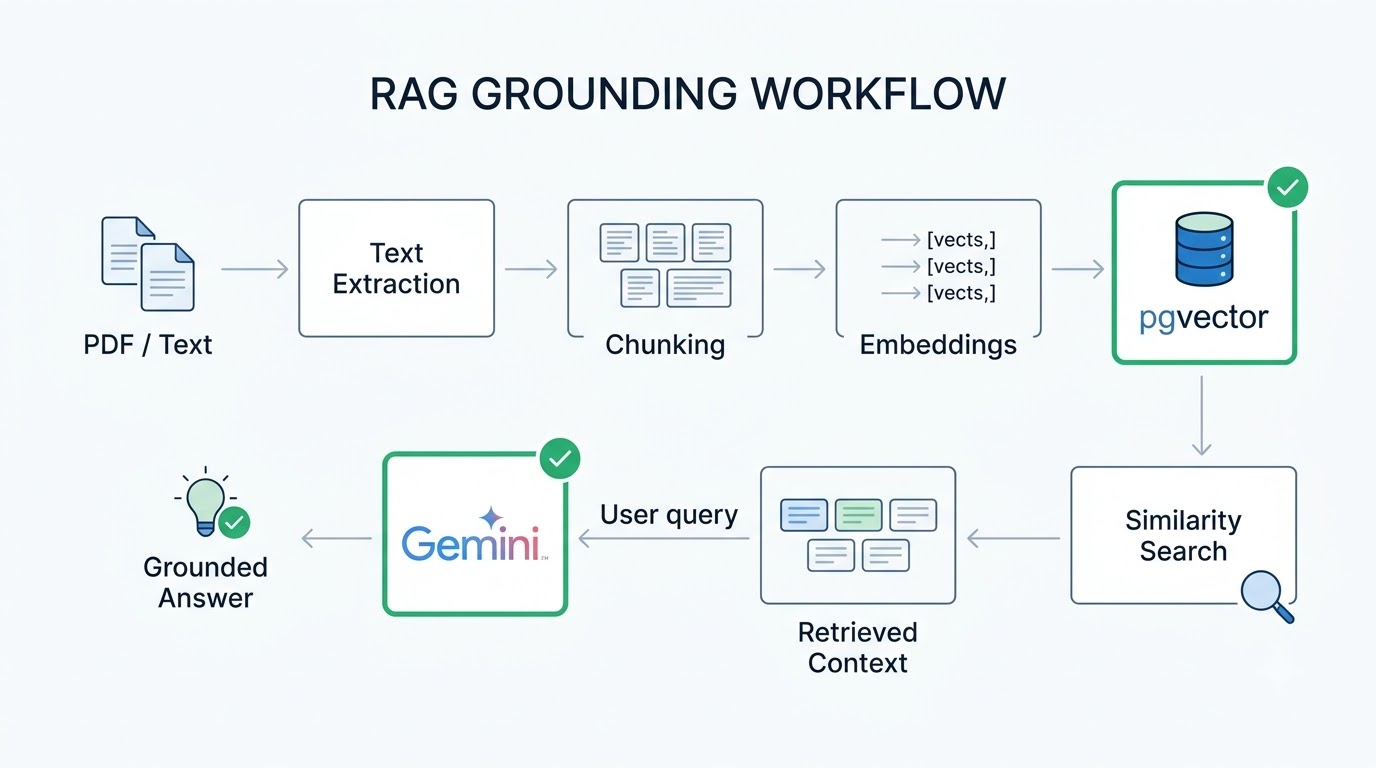 RAG grounding flow from document ingestion to pgvector similarity search and Gemini response