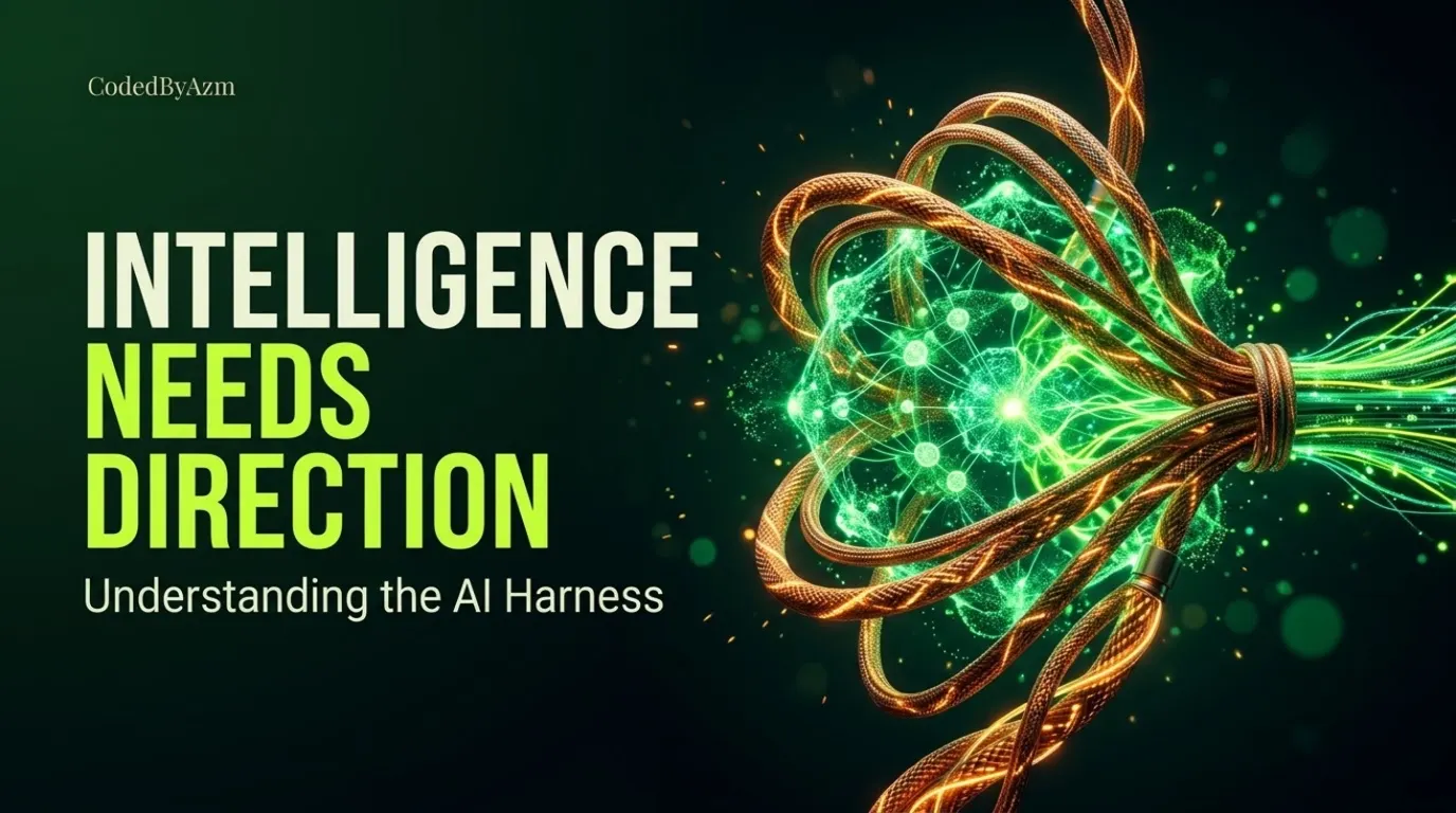 Abstract AI core guided by interconnected ropes, illustrating how an AI harness directs and controls an AI agent.